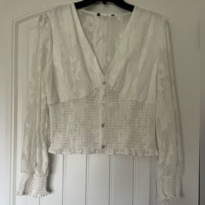 White textured metallic stripe long sleeve v-neck top